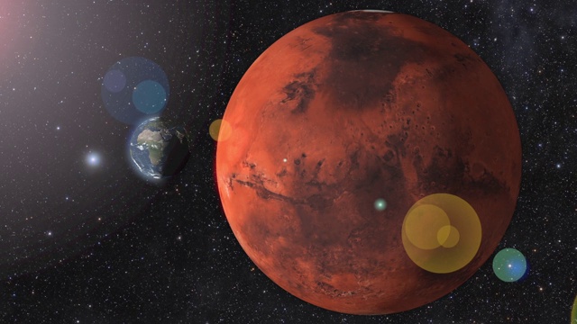 在外层空间旋转的火星和地球。三维渲染视频素材