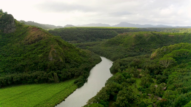 夏威夷考艾岛的绿色山脉和河流视频下载