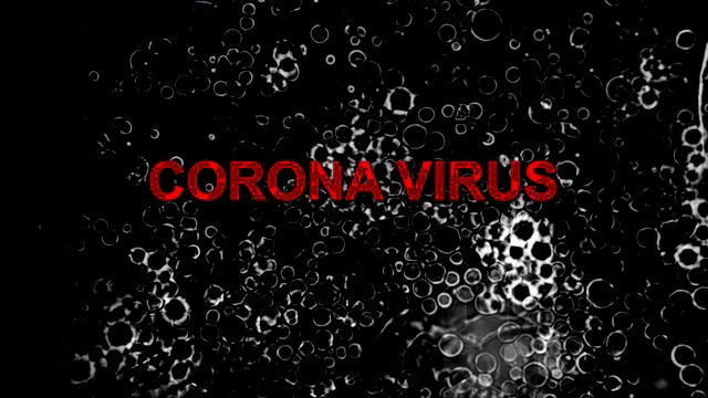 标题“冠状病毒”字与病毒细菌效果在黑暗背景。视频下载
