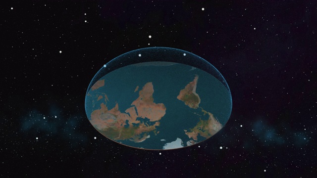 这是一个古老的神话概念，行星地球看起来像一个圆盘，上面覆盖着一个透明的圆顶层，漂浮在星空中的星云之上。视频下载