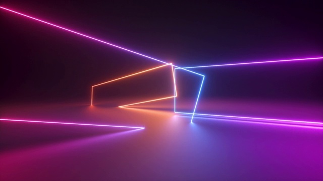 环形抽象霓虹几何背景，旋转霓虹框架，旋转发光的粉红紫红色线条，无尽的旋转，飞行，荧光紫外光，无缝动画视频下载