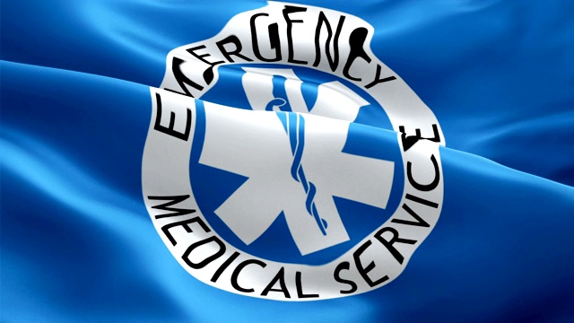 EMS 911救护车紧急服务旗帜视频在风中飘扬。现实的911 EMS紧急医疗响应标志背景。紧急护理服务旗帜循环特写1080p全高清镜头视频下载