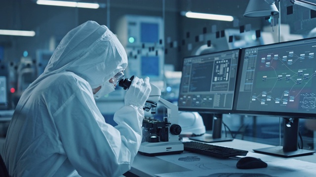 现代工厂:工程师和科学家团队在清洁无菌工作服在台式电脑上工作，使用显微镜，发展电子为高科技医疗电子研究视频素材
