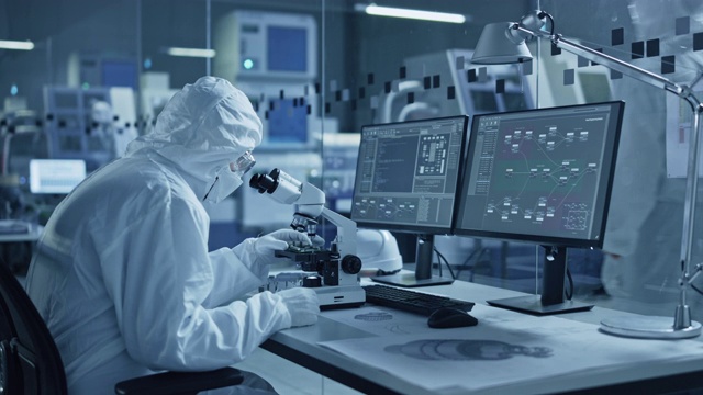 研究工厂洁净室:工程师/科学家穿着工作服和手套用显微镜检查主板微处理器组件，开发高科技现代电子视频素材