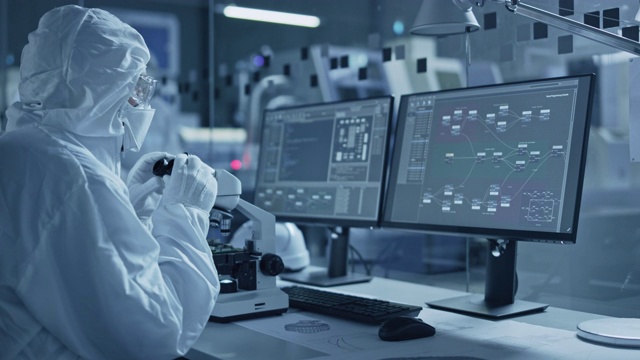 研究工厂洁净室:工程师和科学家团队在电脑上工作，使用显微镜检查主板微处理器，为医疗电子开发电子视频素材