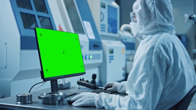 工厂洁净室:工程师穿着工作服和口罩在电脑上进行系统控制，绿屏色度键显示。背景:现代数控机械，专业使用电子设备视频素材