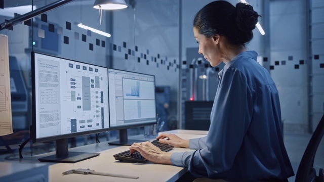 工厂办公室:美丽和自信的女性工业工程师在电脑上工作的肖像，在屏幕上工业电子设计软件。配备数控机床的高科技设备视频素材