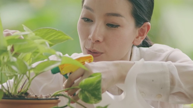 亚洲女人用水喷洒植物，特写。视频素材