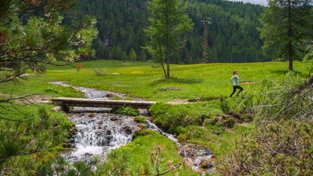健康的女人在绿色的草地上慢跑，穿过小溪上的一座桥视频素材