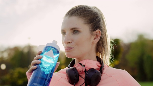 手持式的妇女饮水后艰苦的锻炼视频下载