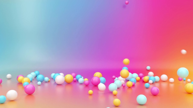 3d渲染，各种彩色的球落在空房间里，跳跃和跳跃在充满活力的梯度背景，互动粒子运动。动画重力效应。抽象的有趣的概念视频素材