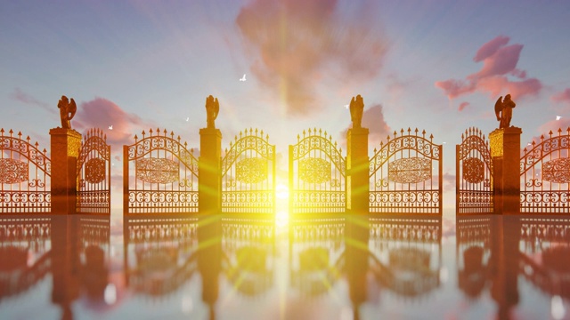 金色的天堂之门在神奇的日落和飞翔的白鸽中打开，4K视频素材