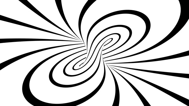 黑白致幻的视错觉。抽象催眠动画背景。螺旋几何循环单色墙纸视频素材