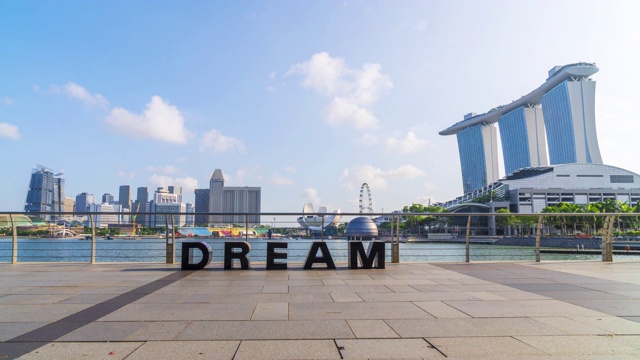 新加坡滨海湾沙滩上的新加坡城市天际线的时间流逝。视频素材