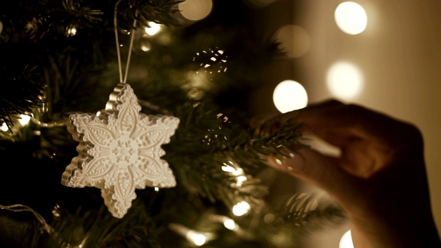 用圣诞彩灯用雪花装饰圣诞树视频下载
