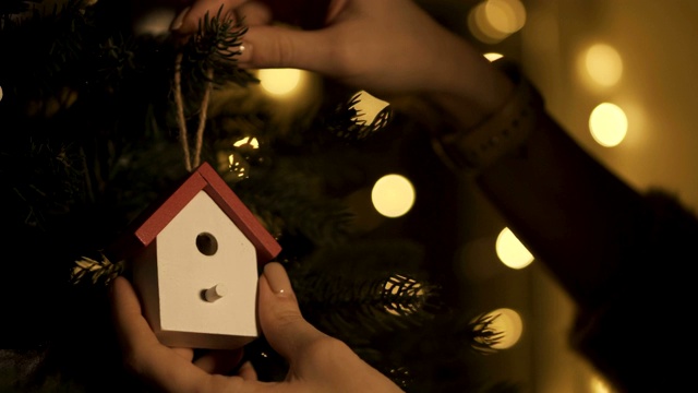 用玩具装饰圣诞树。树上挂着巢箱视频下载