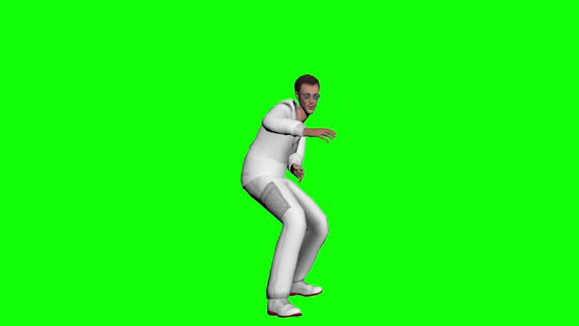 一个随意的人跳舞和玩乐的机会不大。拍摄在一个绿色屏幕背景。股票视频色度键，舞蹈，三维，人视频素材