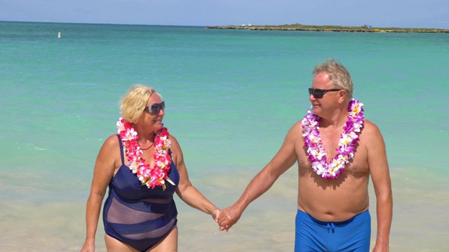 活跃的老年夫妇在夏威夷的海洋上行走，4K慢镜头60帧/秒视频下载