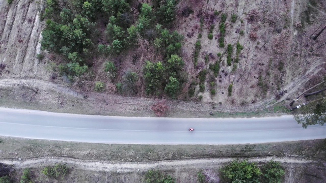 高空俯瞰专业自行车手独自骑在空旷的森林道路上。骑自行车的人在松树环绕的空旷的汽车路上骑车。铁人三项运动员刻苦训练，为比赛做准备视频下载