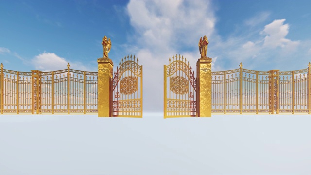 金色的天堂之门在蔚蓝多云的天空下打开，4K视频素材