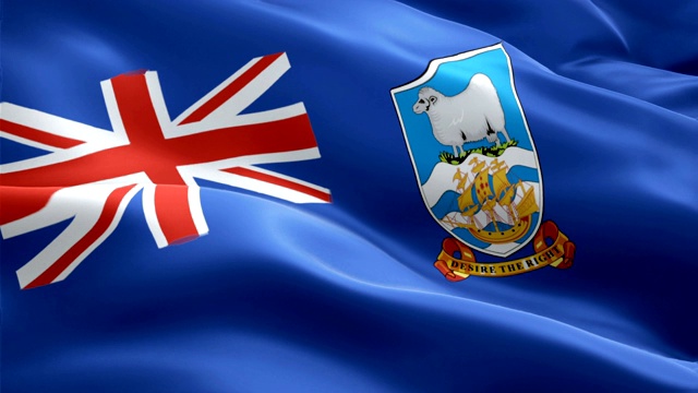 福克兰群岛的旗帜在风中飘扬。现实的阿根廷福克兰群岛旗帜背景。福克兰群岛旗帜循环特写1080p全高清1920X1080镜头。福克兰群岛太平洋国家国旗镜头录像电影，新闻视频素材