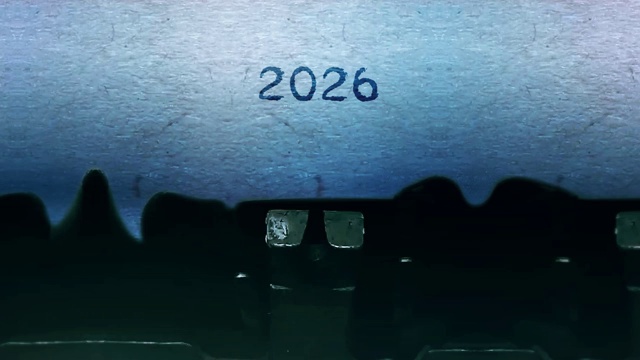 2026年新年单词用老式打字机在一张纸上打字。视频下载