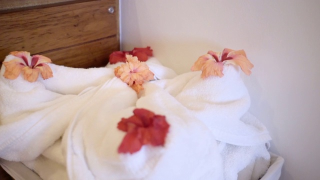 在伯利兹城的酒店房间里，毛巾上的花被墙上的特写，白色的织物在容器里视频下载