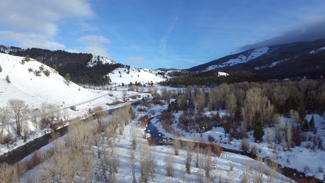 鸟瞰图的树木在河流弯曲上被雪覆盖的景观，无人机向前移动在白色的土地上的天空在冬天-杰克逊，怀俄明州视频素材