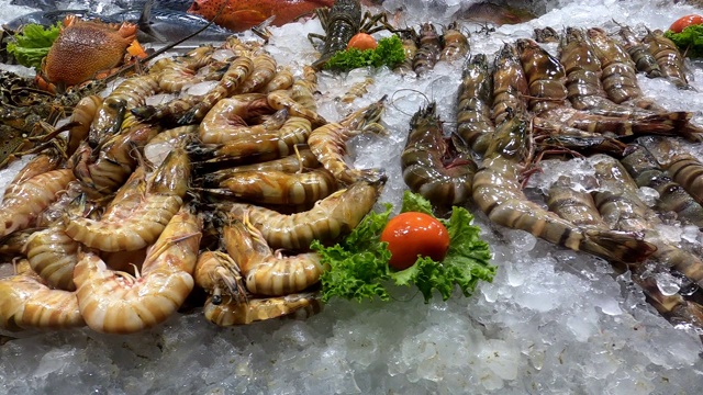 餐厅的柜台上冰敷着新鲜的虾、龙虾、鱿鱼视频素材