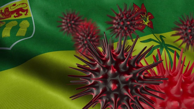 在飘扬的萨斯喀彻温省旗帜上传播冠状病毒疾病视频下载