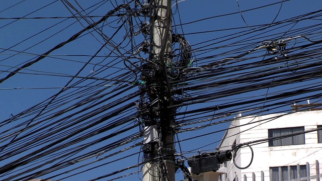 玻利维亚拉巴斯邮局杂乱的电线。视频素材