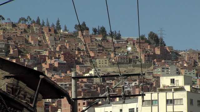 玻利维亚拉巴斯山上房屋上方的高压电线杆。视频素材