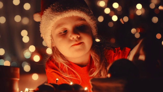 小女孩戴着圣诞帽，玩着装饰品，幻想着圣诞节视频素材