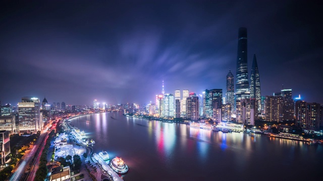 高处俯瞰上海黄浦江市区黄昏到夜晚的过渡视频素材