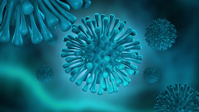 Covid-19病毒Covid-19新冠病毒传播的微观视角，全球致命病毒感染，冠状病毒大流行危机近距离观察，流感流行和新型冠状病毒，流感病毒受影响地区的微观视角Sars, Mers, H1N1。视频素材