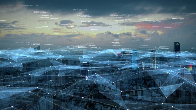智能连接城市天际线。未来网络概念，城市科技。视频素材