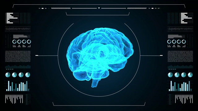 医用超高清抽象动画。实验室仪表板界面。人脑在诊断电脑显示器上的研究。视频下载