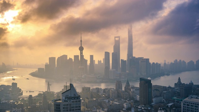 高处俯瞰上海城市城市景观天际线日落过渡视频下载