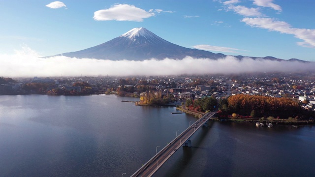日本川口千子湖富士山的4k航拍镜头视频下载
