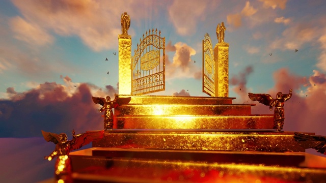 通往天堂之门的金色阶梯在神奇的日落和飞翔的鸽子的映衬下打开视频素材