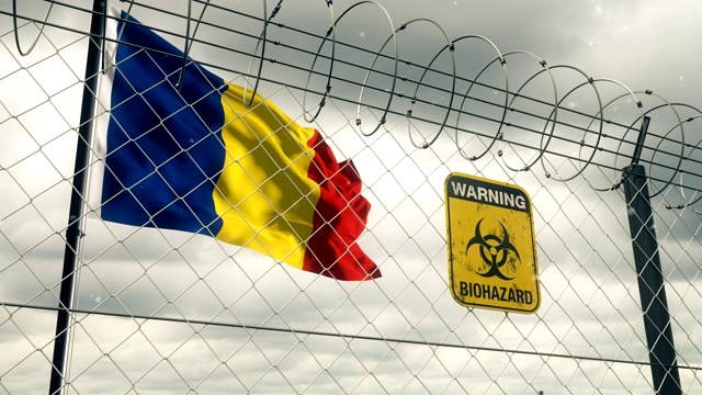 带有生物危害警告检疫标志的罗马尼亚国旗。Loopable。视频素材