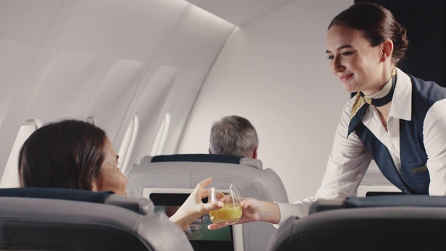 空姐在飞机上为女商人提供午餐视频素材