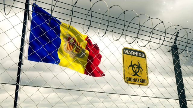 安道尔国旗，上面有生物危害警告标志，警告检疫隔离。Loopable。视频素材