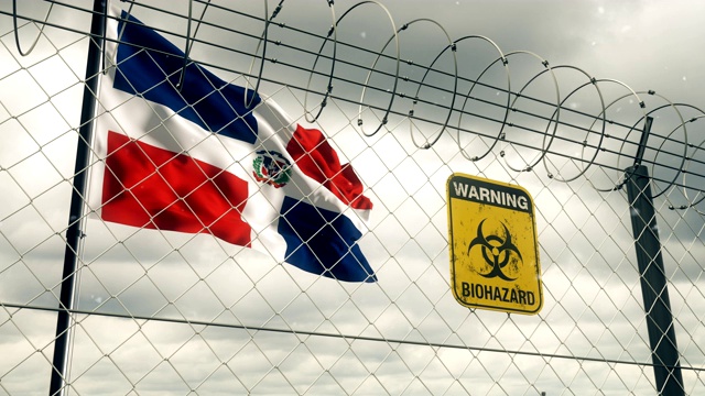 多米尼加共和国国旗，上面有生物危害标志，警告检疫隔离。Loopable。视频素材