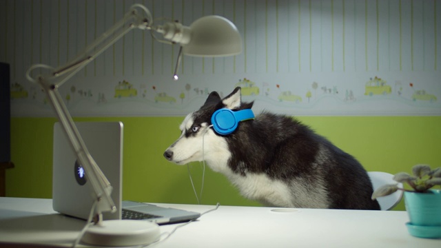 西伯利亚哈士奇狗戴着彩色耳机坐在椅子上，一边看着笔记本电脑屏幕一边唱歌。在线宠物教育在家。有趣的研究概念。视频素材