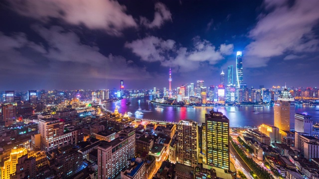 高空俯瞰上海城市景观与黄浦江过渡视频素材