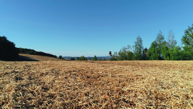 在炎热阳光明媚的天气下，低背无人机在农村干燥的农田上空飞行。视频下载
