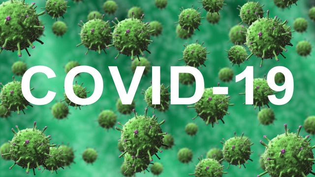 COVID-19字样在绿色细菌或病毒背景下流畅呈现，细胞缓慢移动和旋转视频素材