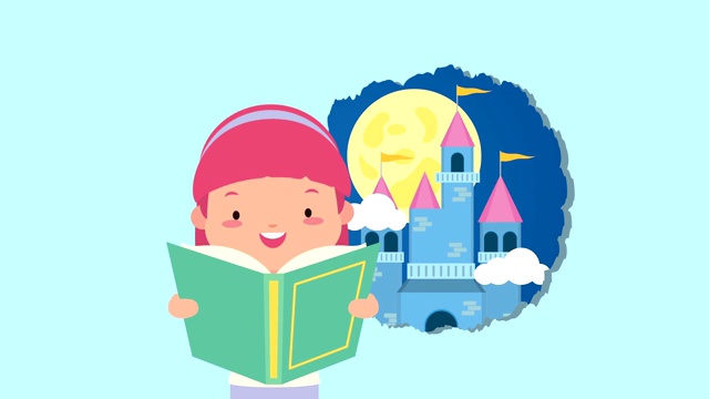 世界读书日庆祝小女孩阅读和童话城堡视频下载