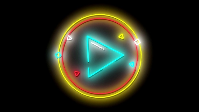 动画中闪烁的蓝色霓虹数字播放按钮图标在一个发光的圆圈视频下载